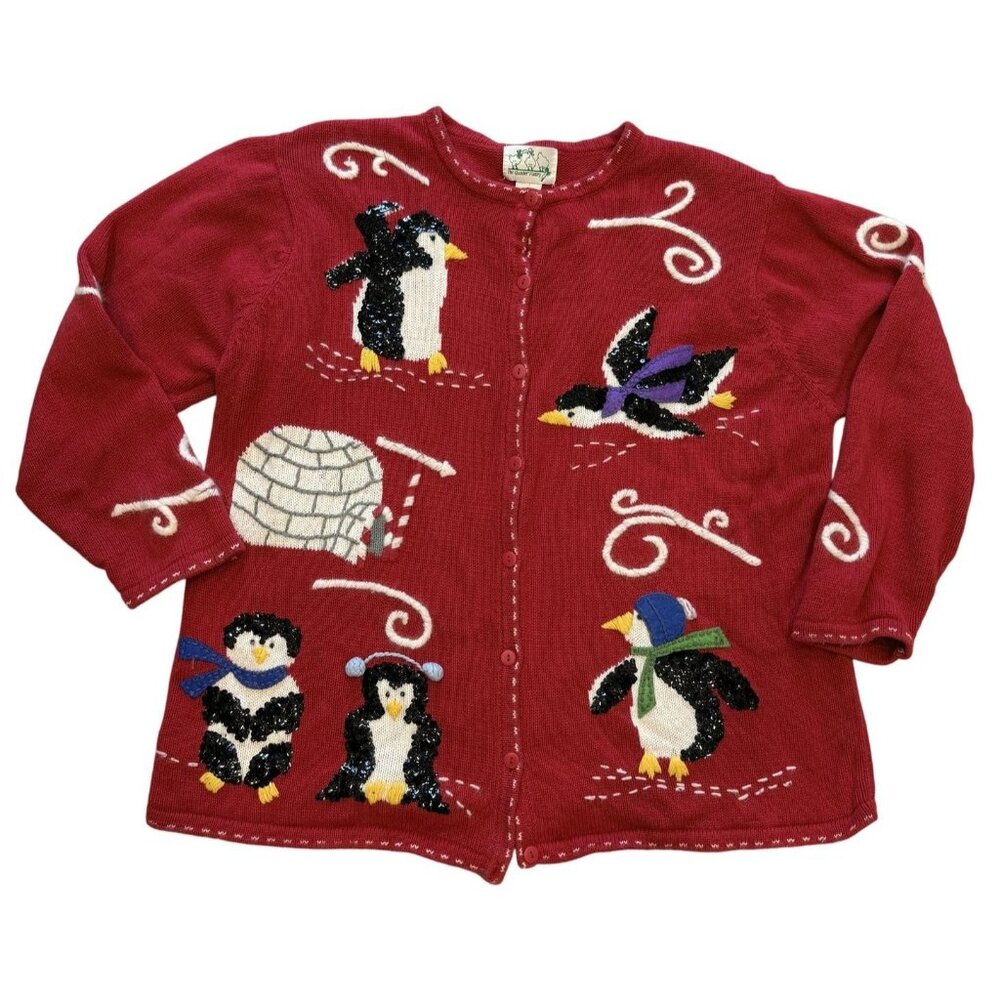 Quacker Factory Christmas Cardigan Sweater 1X Penguin Sequin Embroidered Vintage